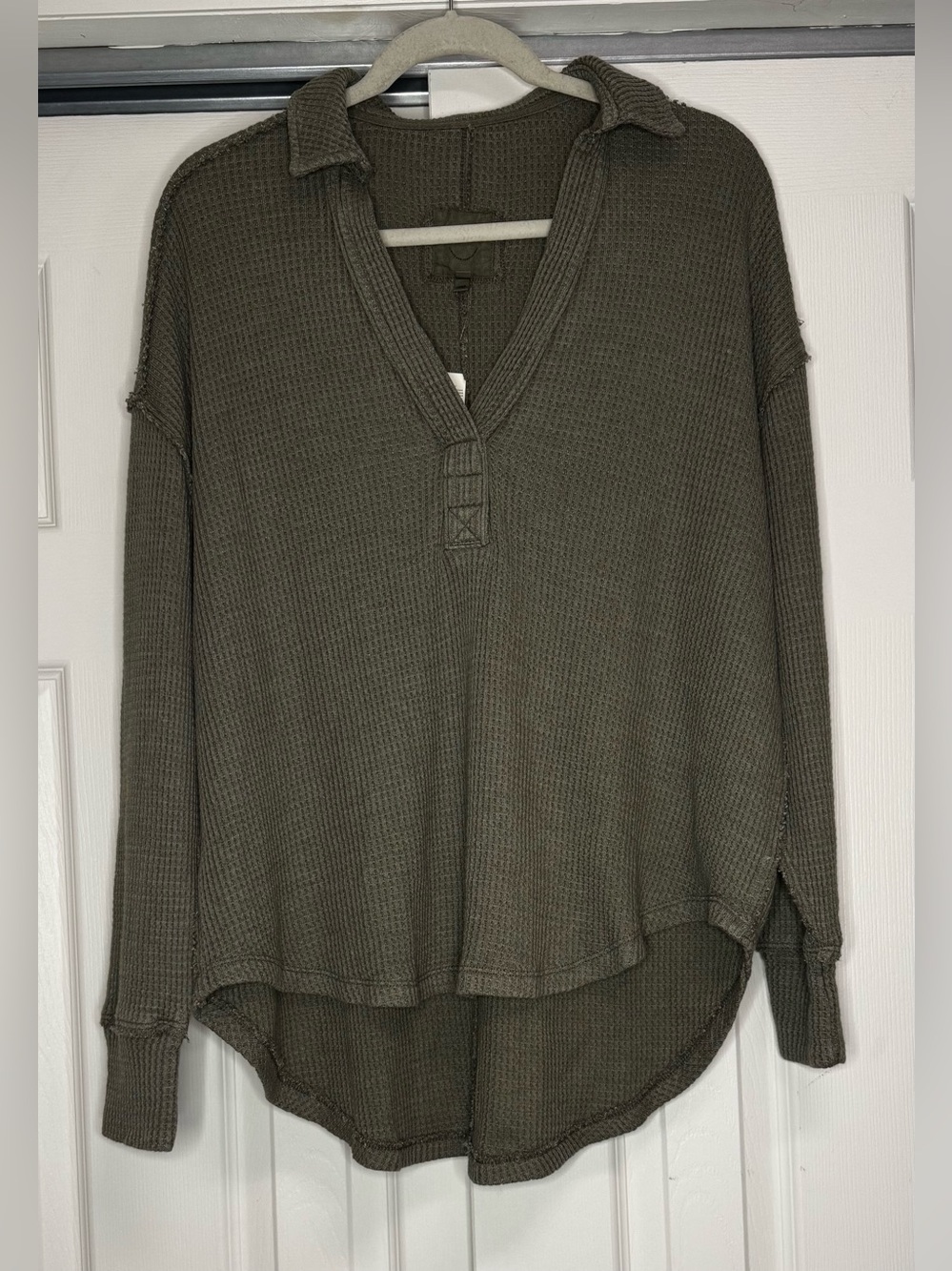 aerie Olive Green Collared V-Neck Waffle Knit Pullover - Size S NWT